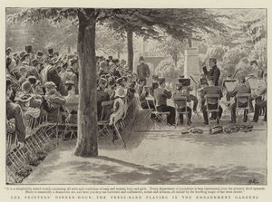 Het Dineruur van de Drukkers, de Persband speelt in de Embankment Gardens door Robert Barnes